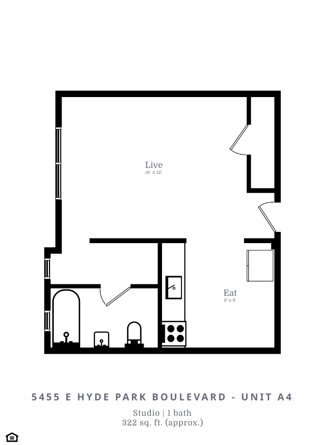Floor plan for studio, 1 bath, 322 sqft